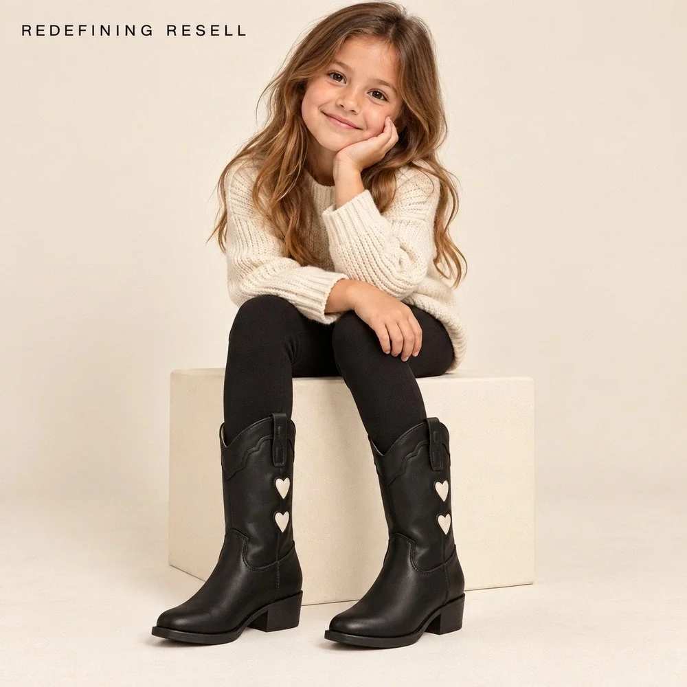 Rylee + Cru Kids Western Boot Black Faux Leather Heart Inlay Size 10 NEW